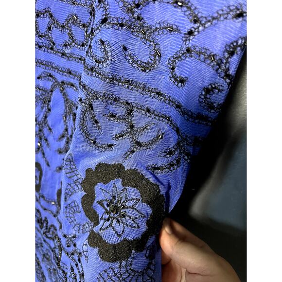 Sacada Blue Black Beaded Short Formal Dress with Sheer Sleeves and Embroidery - Picture 4 of 9